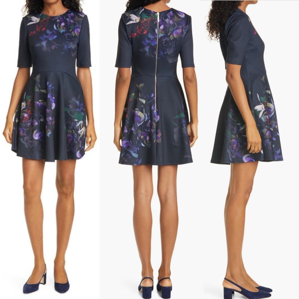 NWT Ted Baker Alephie Pomegranate Floral Skater mini Dress in Navy Size 3/US8-10